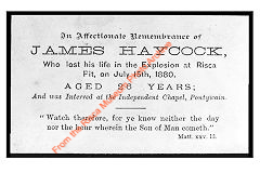 
'James Haycock' memorial card, a victim of the 1880 Risca Colliery disaster